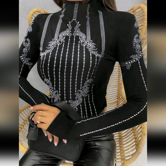 Women's Striped Print Elegant Stand Collar Long Sleeve T-Shirt, Autum - Picture 1 of 4
